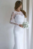 Bateau Lace Long Sleeve Sheath Chiffon Wedding Dress With Sweep Train