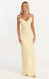 Kyra Maxi Dress Lace Bust And Tie Back Satin Dress in Lemon