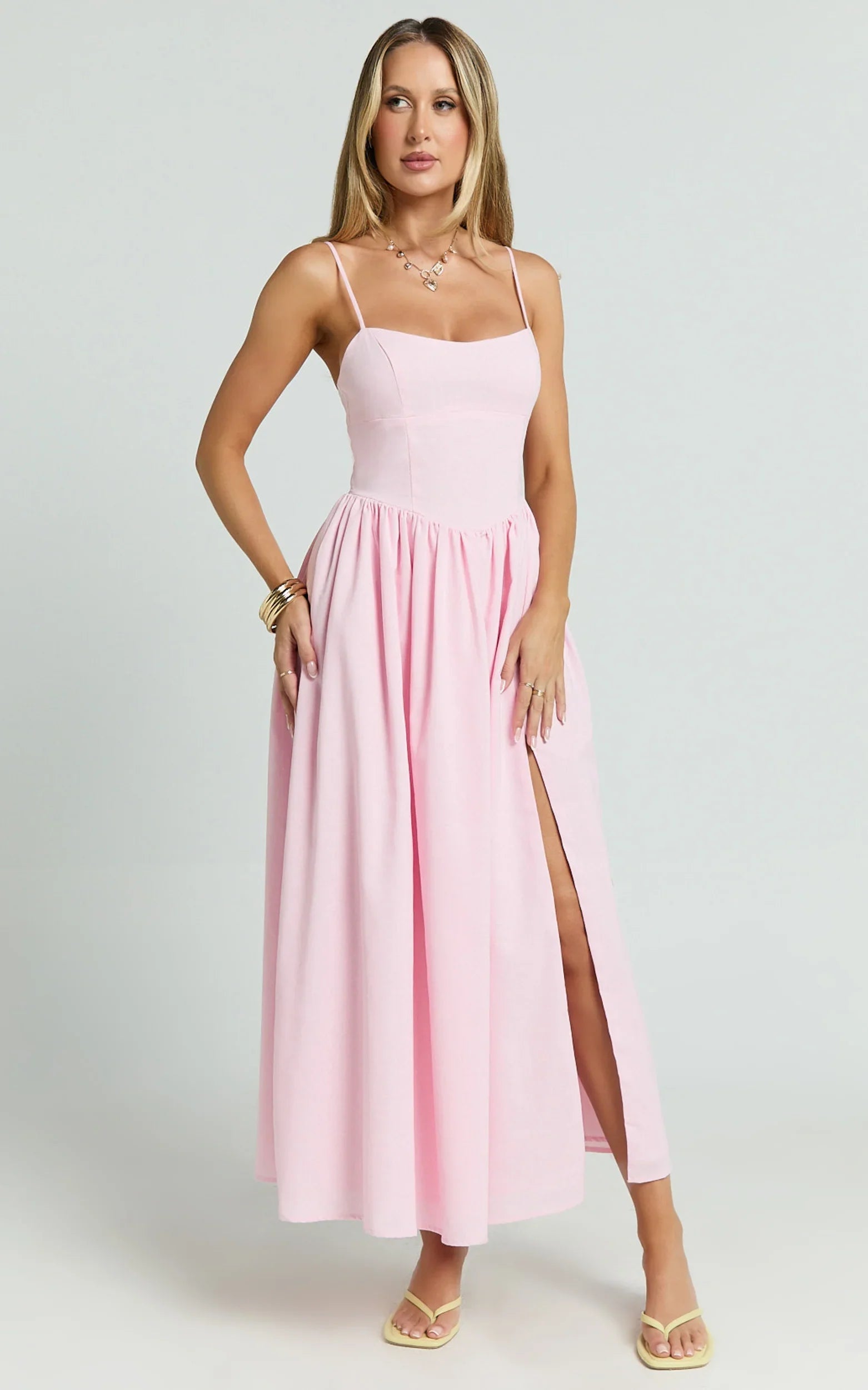 Morris Midi Dress Linen Scoop Neck Gathered Dress in Pink