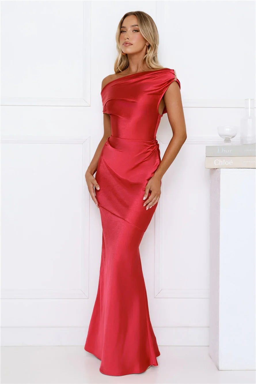 Shes A Dream Satin Off Shoulder Maxi Dress Red