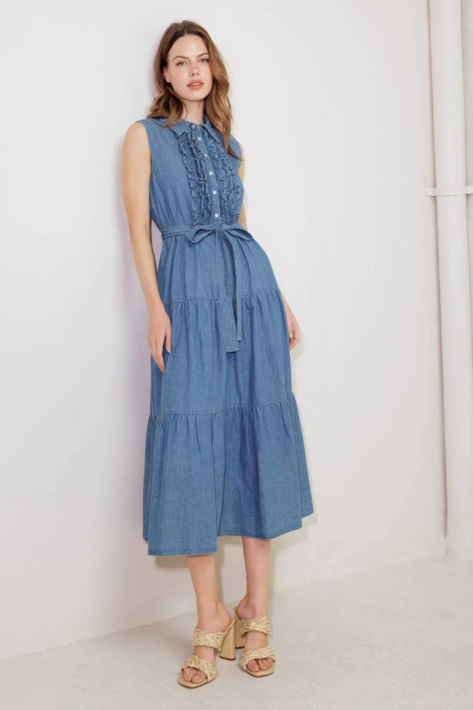 SUNDRENCHED RUFFLE DENIM MIDI DRESS
