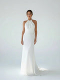 Sheath Satin Backless Halter Wedding Dress