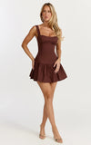 Nyx Mini Dress Balconette Bodice Drop Waist Dress in Chocolate