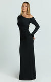 Milly Maxi Dress Asymmetrical Off Shoulder Long Sleeve Side Ruching Maxi Dress in Black