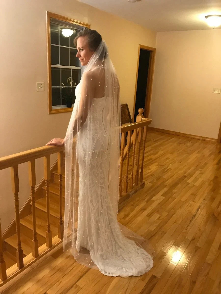 Vintage Lace Tulle Pearl Bridal Veil Wedding Veil