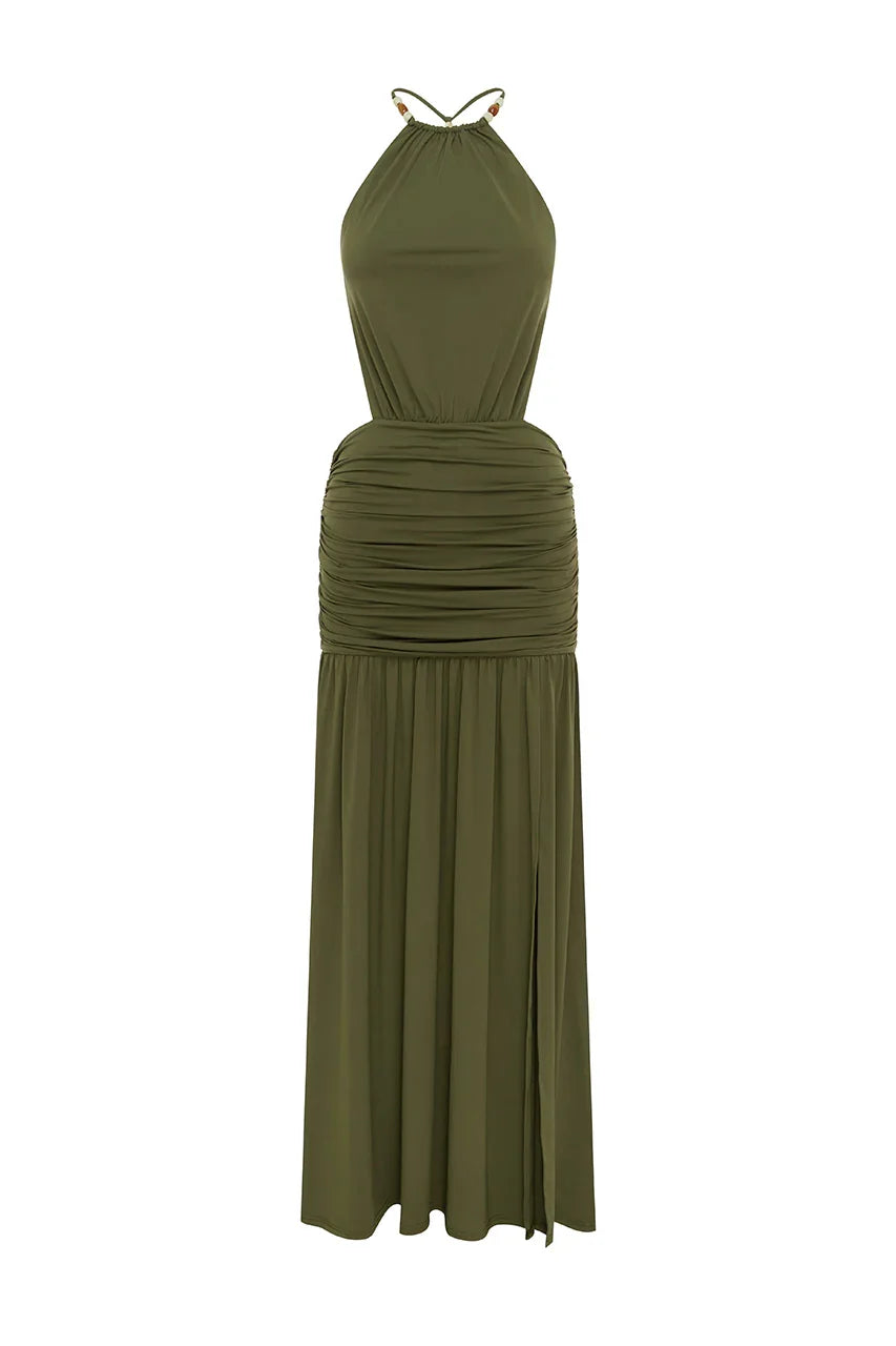 IMELDA HIGH NECK MAXI DRESS OLIVE