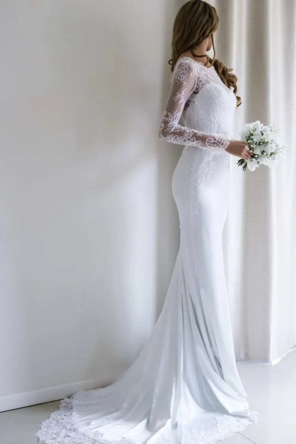 Bateau Lace Long Sleeve Sheath Chiffon Wedding Dress With Sweep Train