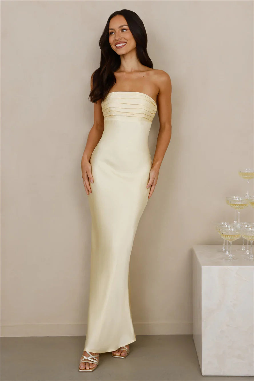 The Seraphina Strapless Satin Maxi Dress Yellow