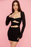 black real silk cutout mini dress