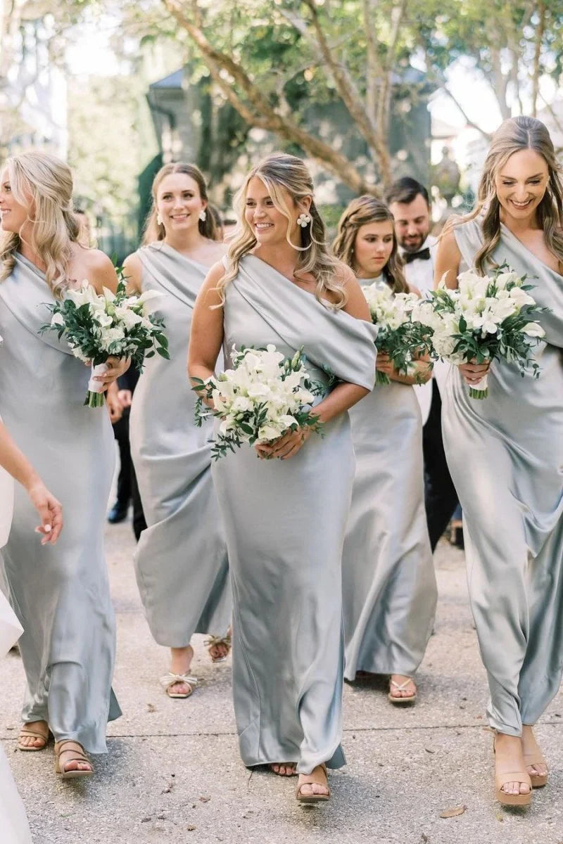 Ankle Length Slit Mermaid Bridesmaid Dresses with One Shoulder