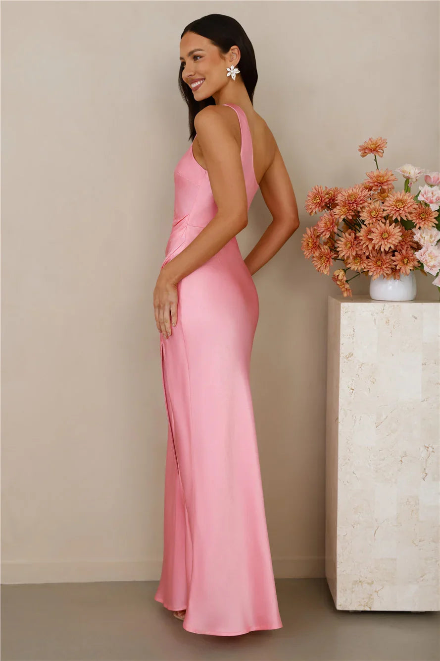 The Aurora One Shoulder Satin Maxi Dress Candy