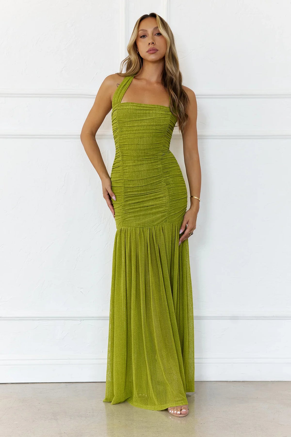 Evelyn Luxe Mesh Halter Maxi Dress Olive