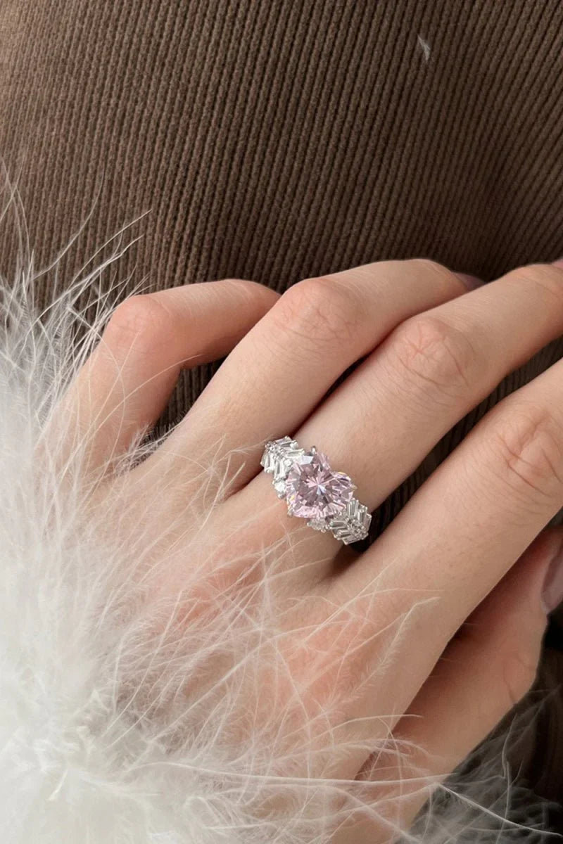 Sterling Silver Pink Heart Zircon Luxury Half Setting Ring