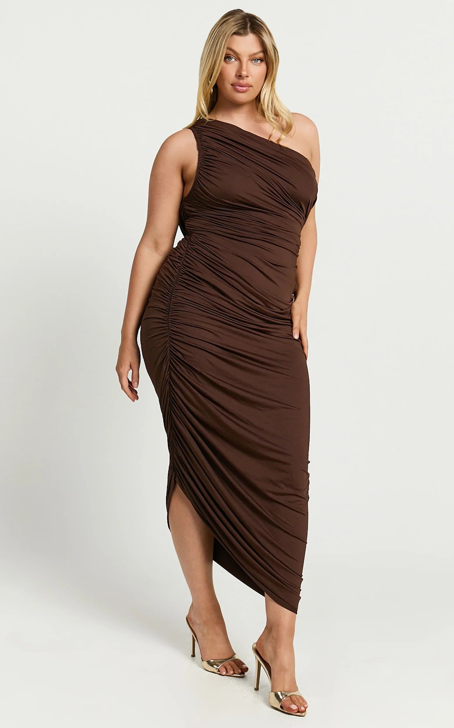 Lovlin Midi Dress One Shoulder Ruched Dress in Chocolate