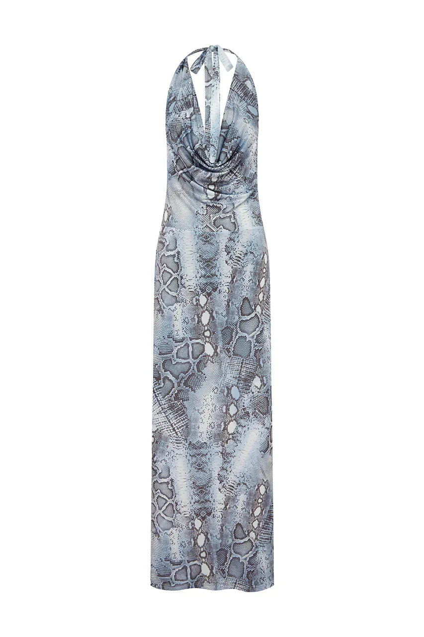 LOTUS HALTER COWL MAXI DRESS STEEL VIPER
