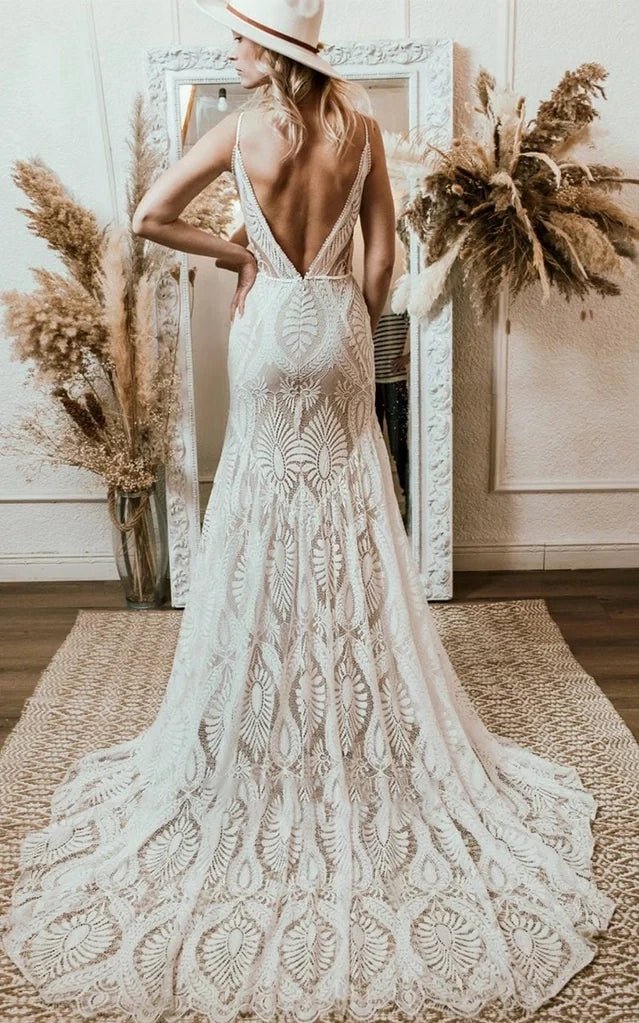 Beach Floral Mermaid Plunging Boho Lace Wedding Dress with Sweep Train