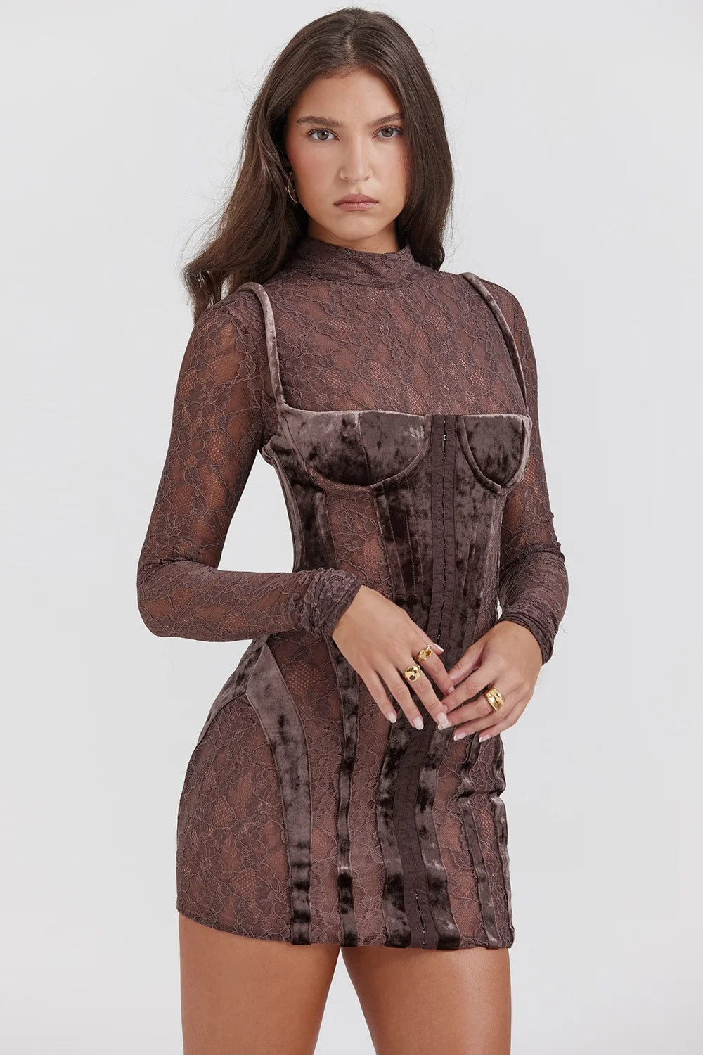 brown velvet lace corset dress