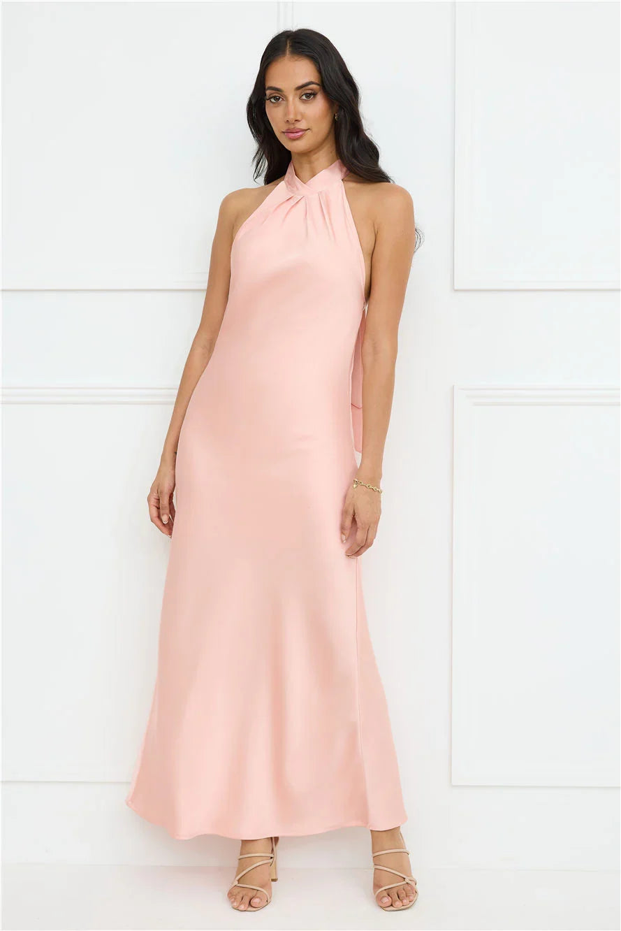 Delicate Dazzle Halter Satin Maxi Dress Peach