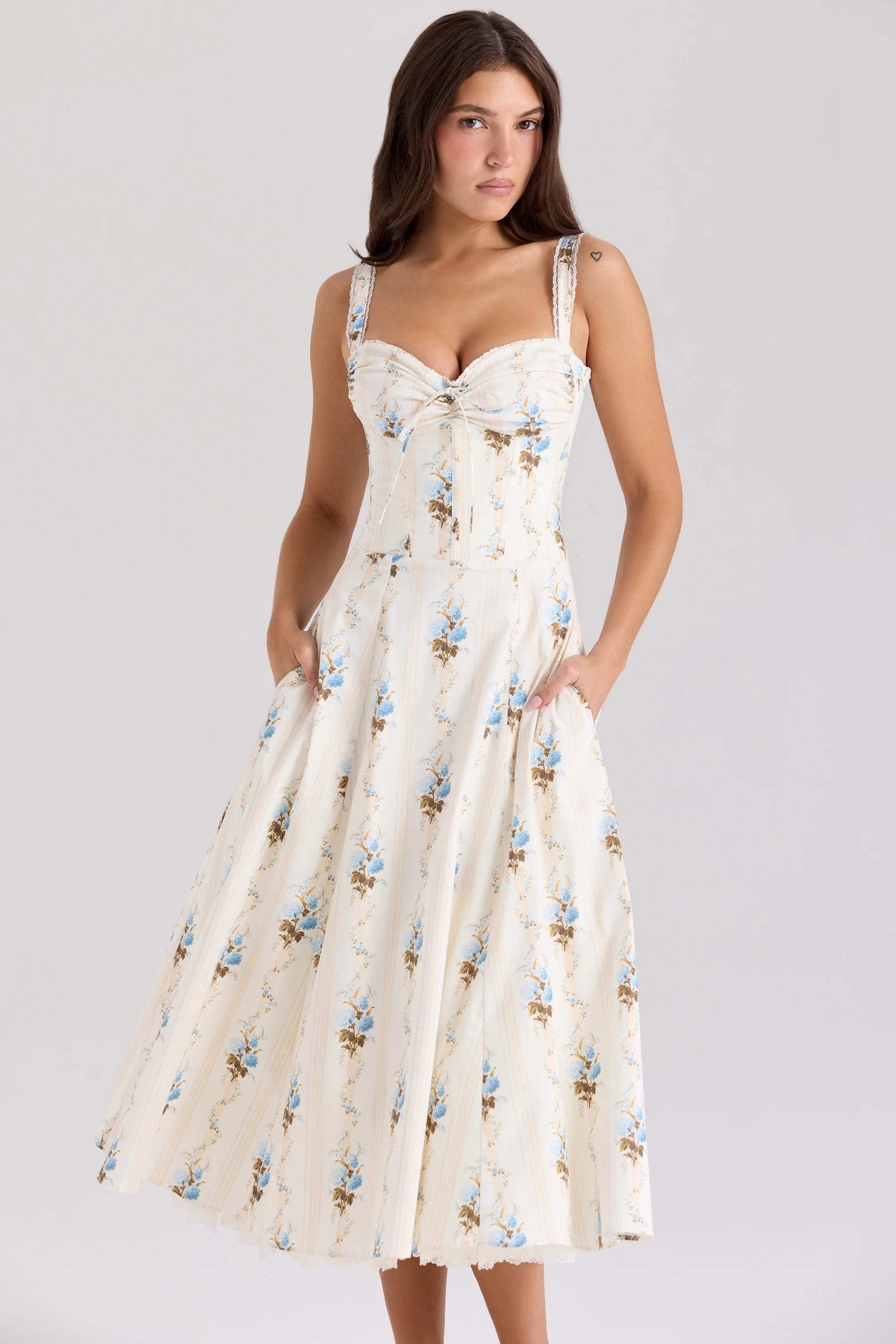 cream floral print cotton corset midi dress
