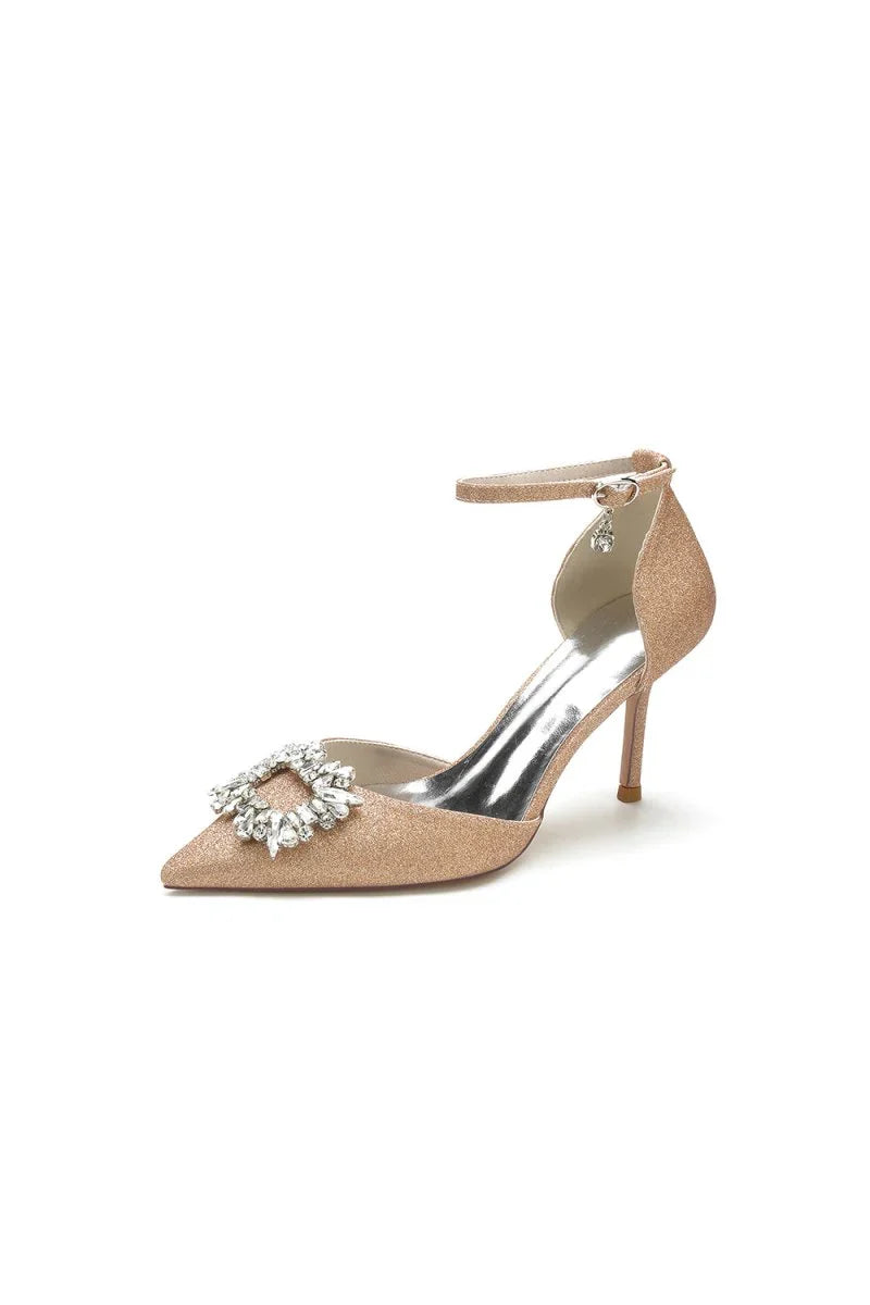 Pointed Toe Ankle Strap Stiletto Heels With Rhinestone