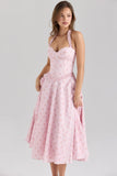 pink rose print stretch cotton halter neck midi dress