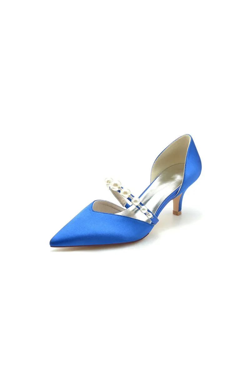 Elegant Satin Pointed Toe Heels with Pearl Strap