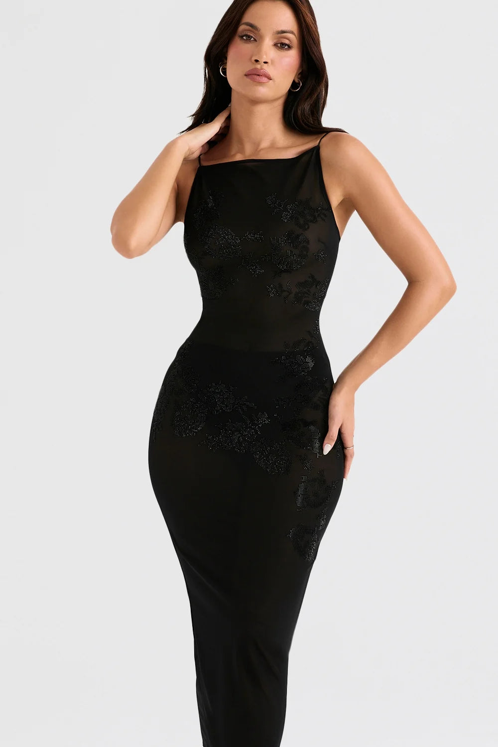 black mesh crystal embellished midi dress