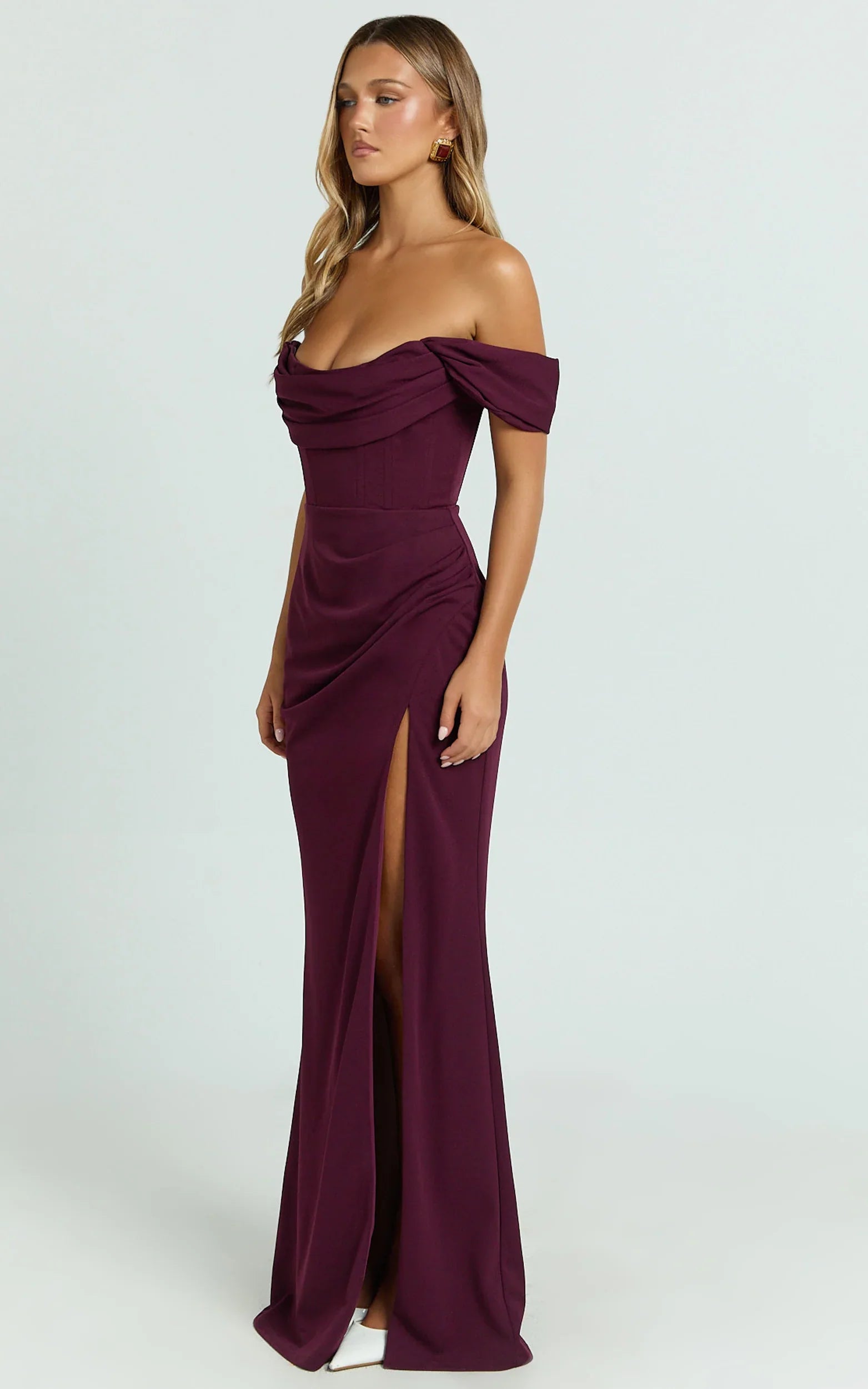 Marcel Maxi Dress Off Shoulder Corset High Split Dress in Wine