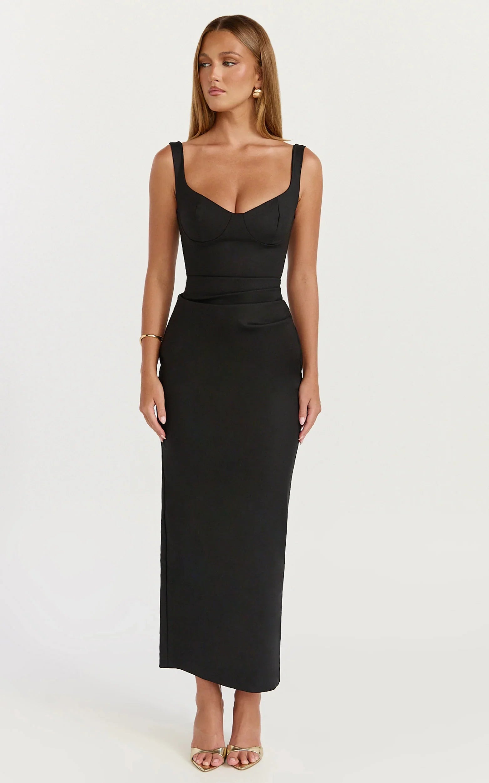 Pietra Midi Dress Off Shoulder Structured Dress in Black