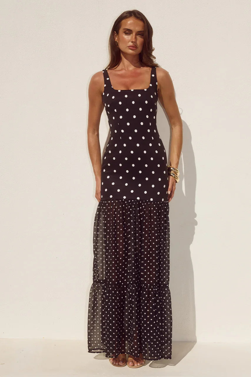 TILLIE SHEER BOTTOM MAXI DRESS BLACK WHITE POLKA