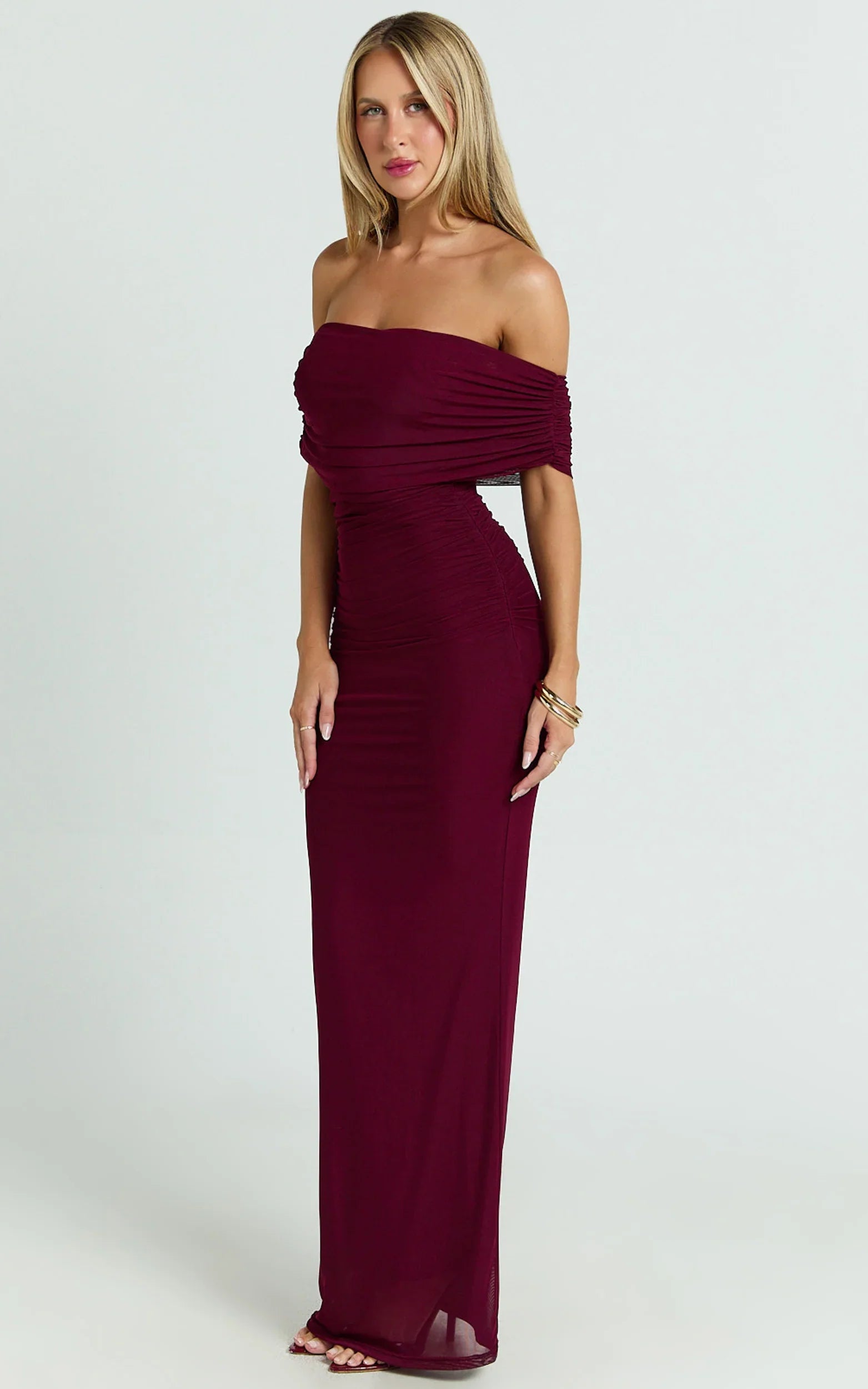 Caterina Maxi Ruched Off Shoulder Mesh Dress in Wine