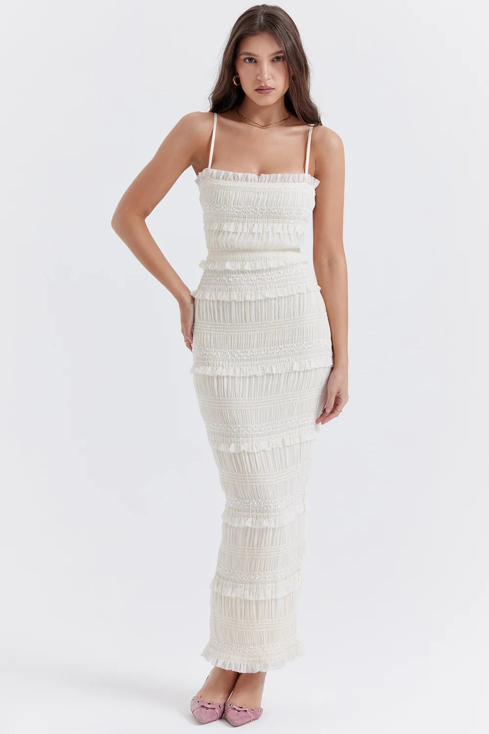 ivory sequin pleat maxi dress