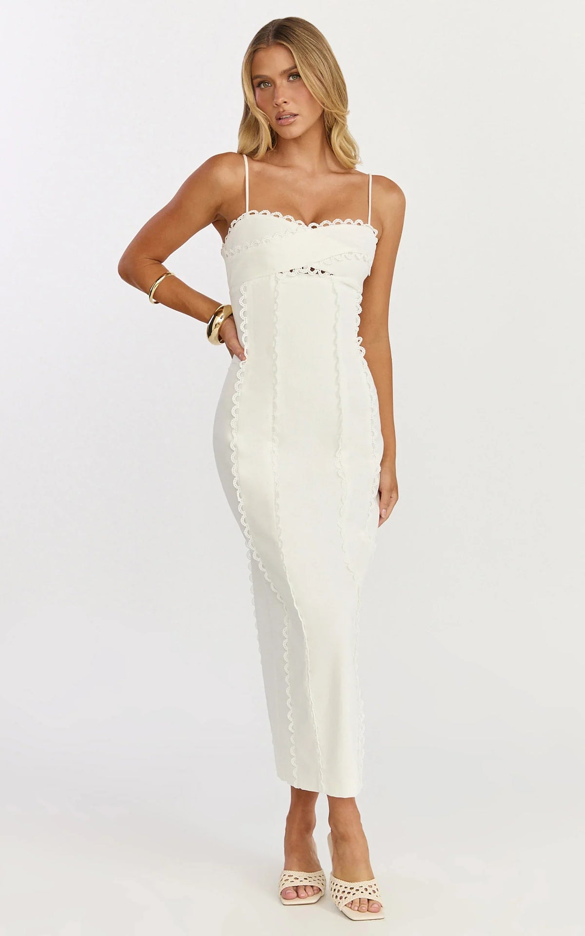 Nikki Midi Dress Scallop Edge Front Split Column Dress in Off White