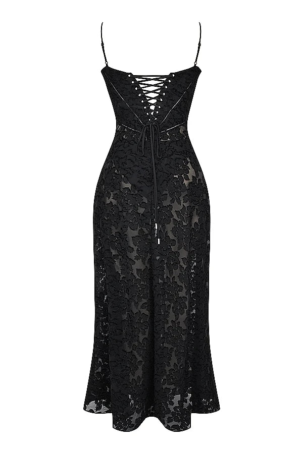 black floral lace back maxi dress