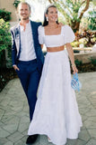 A Line Two Piece Square Neck Satin Long Wedding Dresses