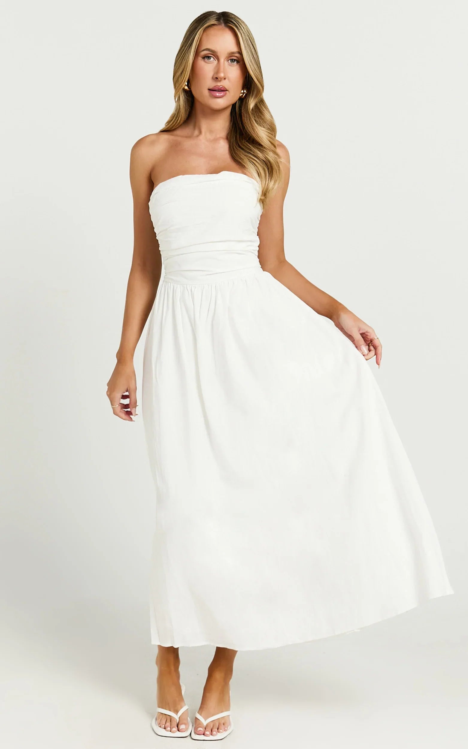 Polly Midi Dress Strapless Ruched Dress in White