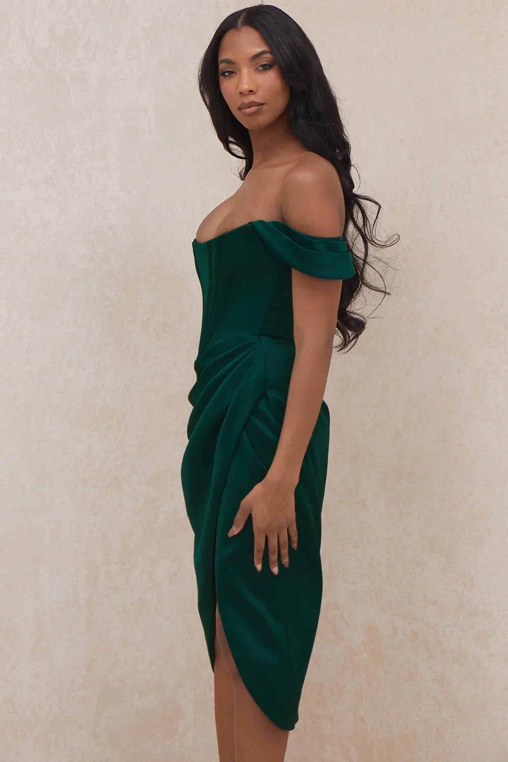 emerald green satin off shoulder dress