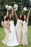 Mermaid Off the Shoulder Champagne Elastic Satin Long Bridesmaid Dresses