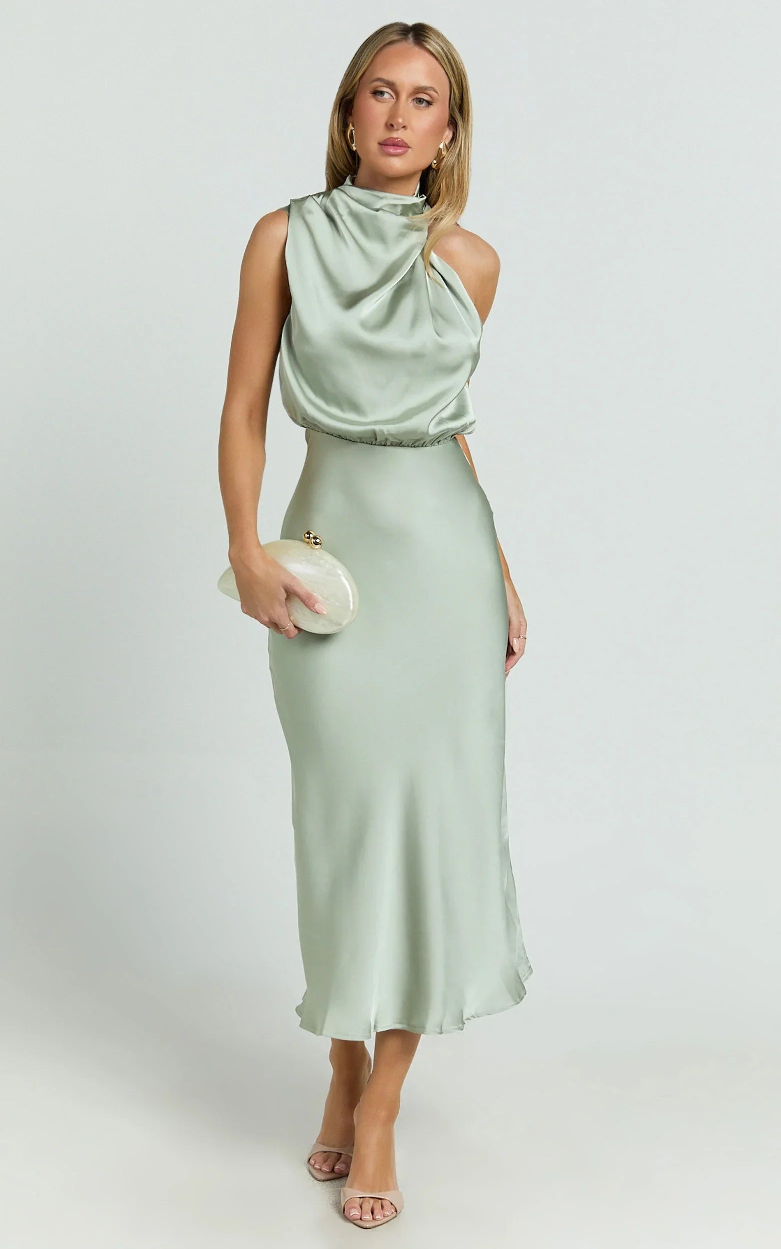 Minnie Midi Dress Drape Neck Satin Slip Dress in Sage