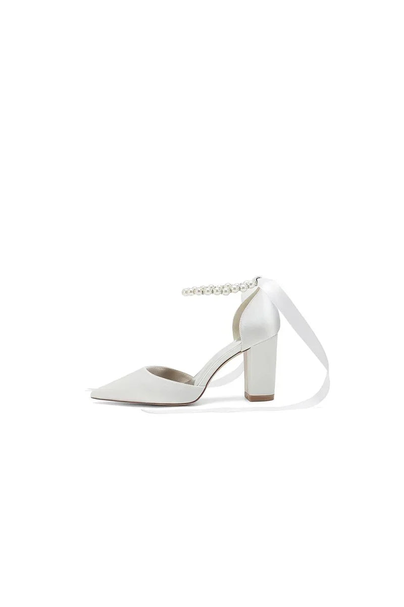 Pearl Ribbon Pointed Toe Ankle Strap Chunky Heel