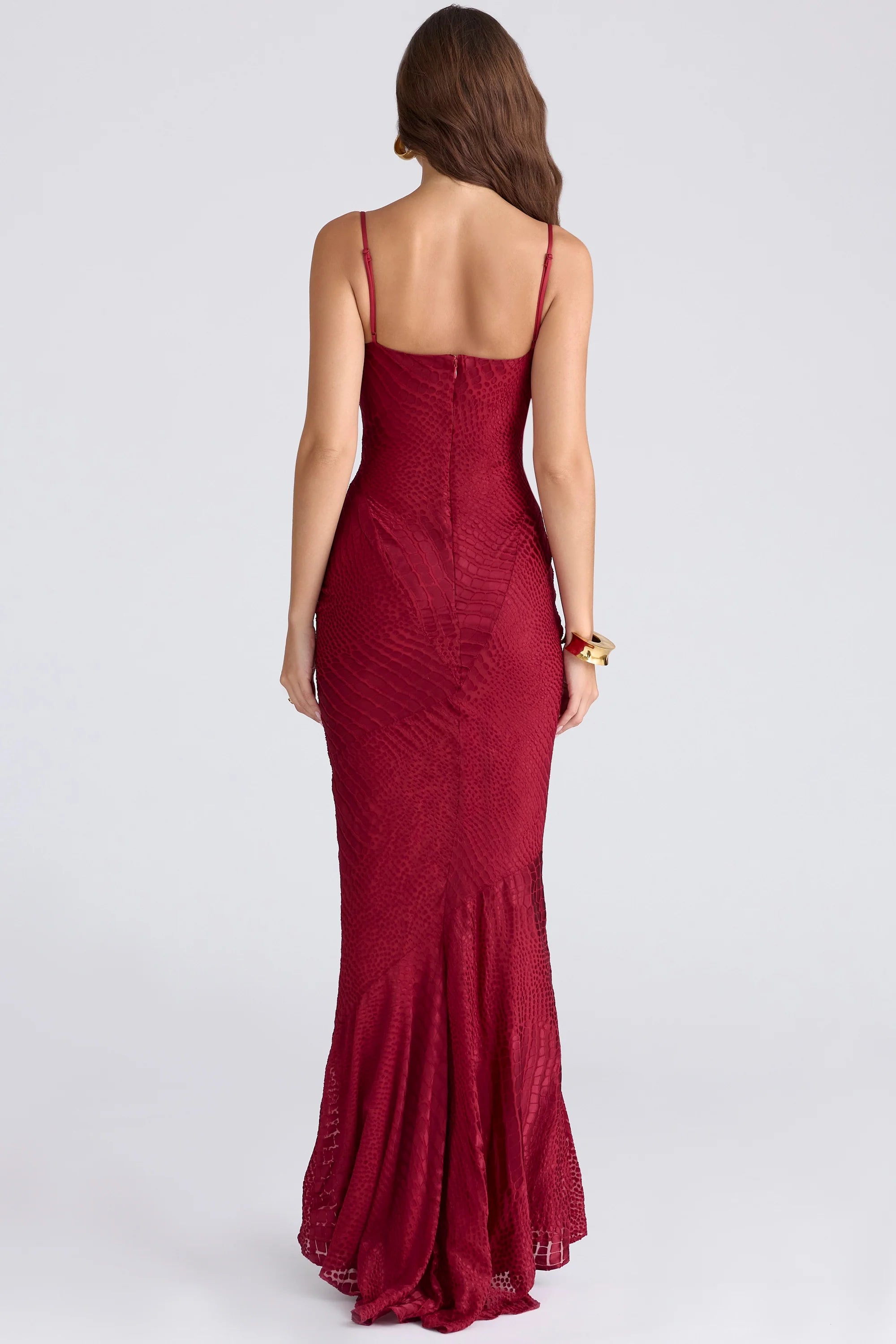 deep red devoré satin maxi gown limited edition