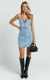 Chrysoula Mini Dress Square Neck Zip Front Sleeveless Bodycon Denim in Light Blue Wash