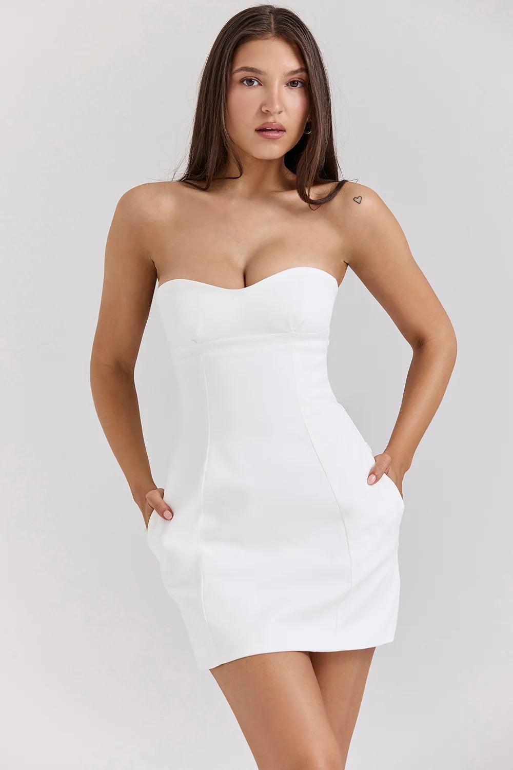 white strapless twill mini dress