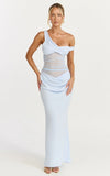 Elias Maxi Dress Twisted One Shoulder Cowl Dropped Waist Dress in Blue