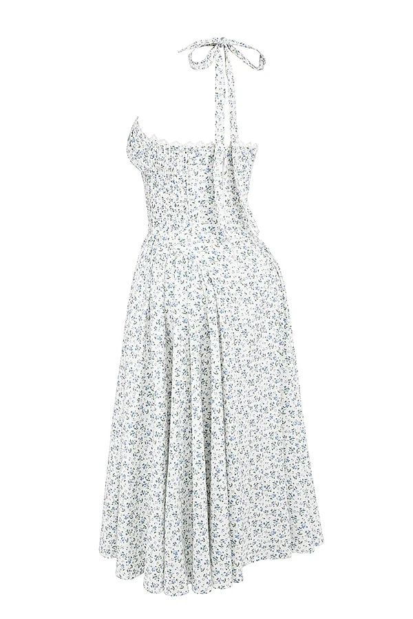white bluebell print cotton halter sundress