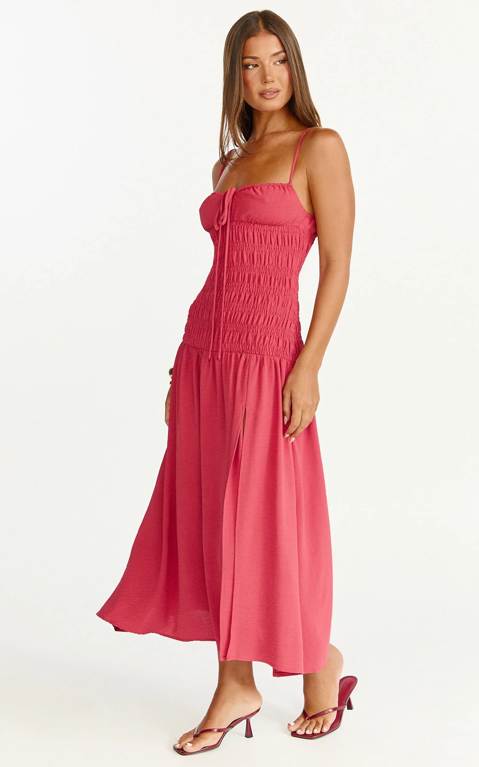 Eloise Midi Dress Shirred Bodice Split Leg A Line Dress in Rose