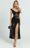 Tatum Midi Dress Lace Off Shoulder Side Split Dress in Black