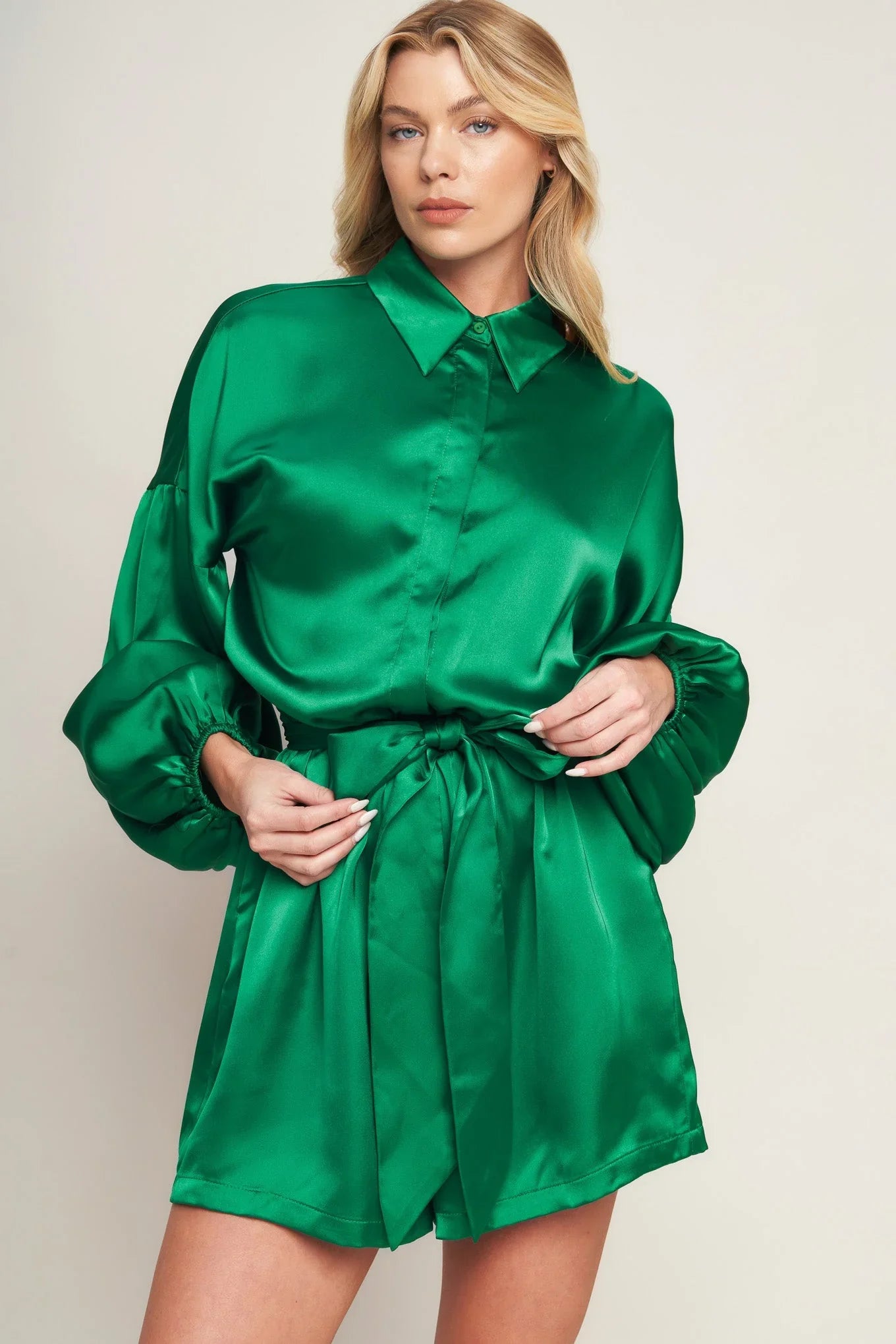 CELEBRATION TIME GREEN SATIN ROMPER WITH LONG SLEEVES