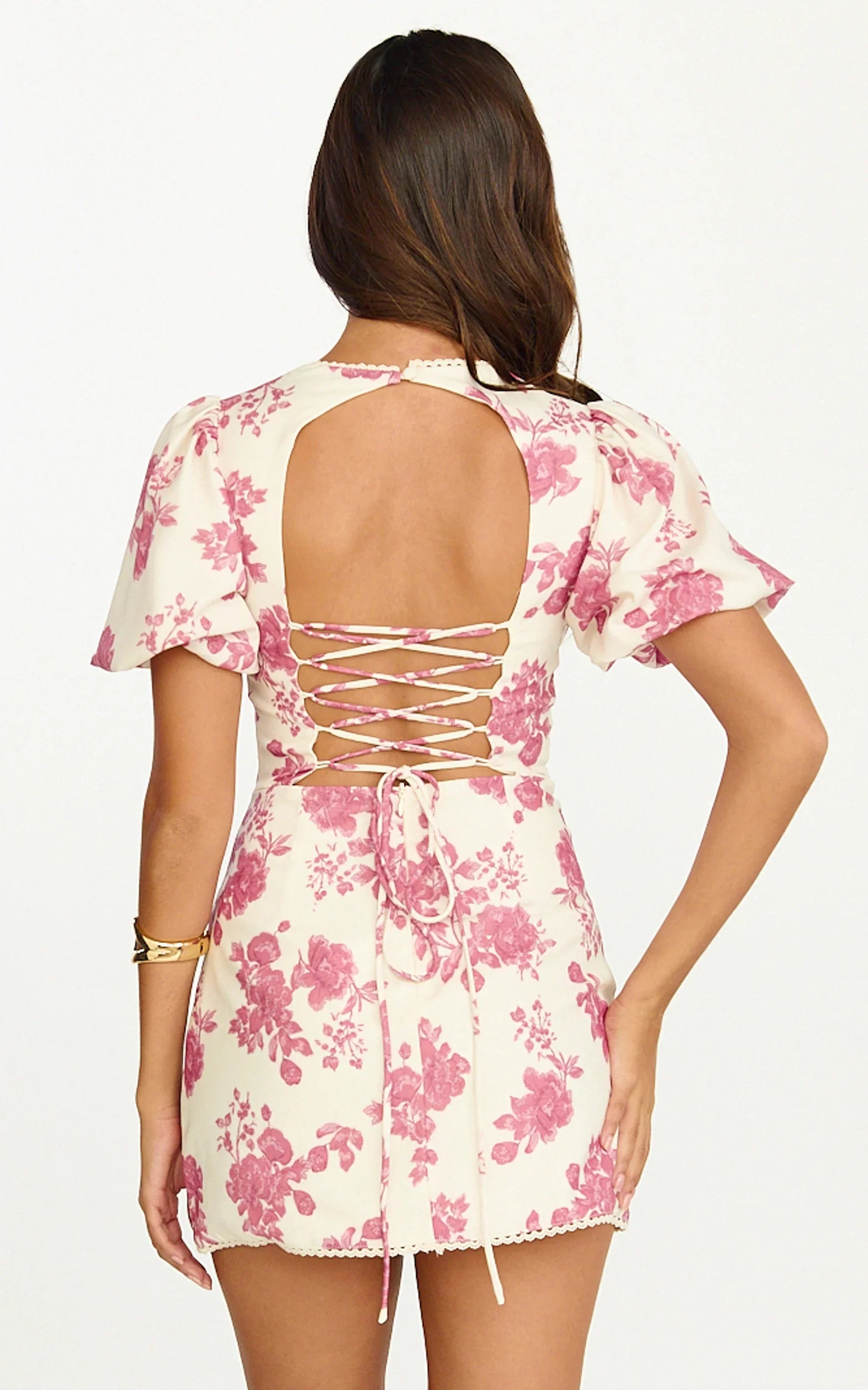 Lila Mini Dress High Neck Puff Sleeve Lace Back Fitted Dress in Toile De Joie Print
