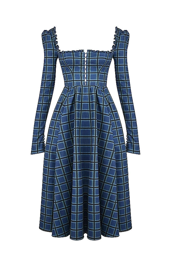 blue tartan midi dress